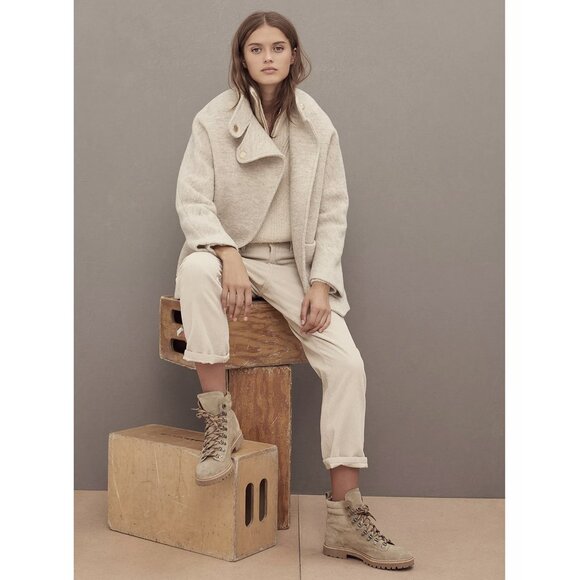 BA&SH BASH Beige 100% Wool CALVI High Neck Leather Belted Jacket Coat 0 / XS - Picture 2 of 8